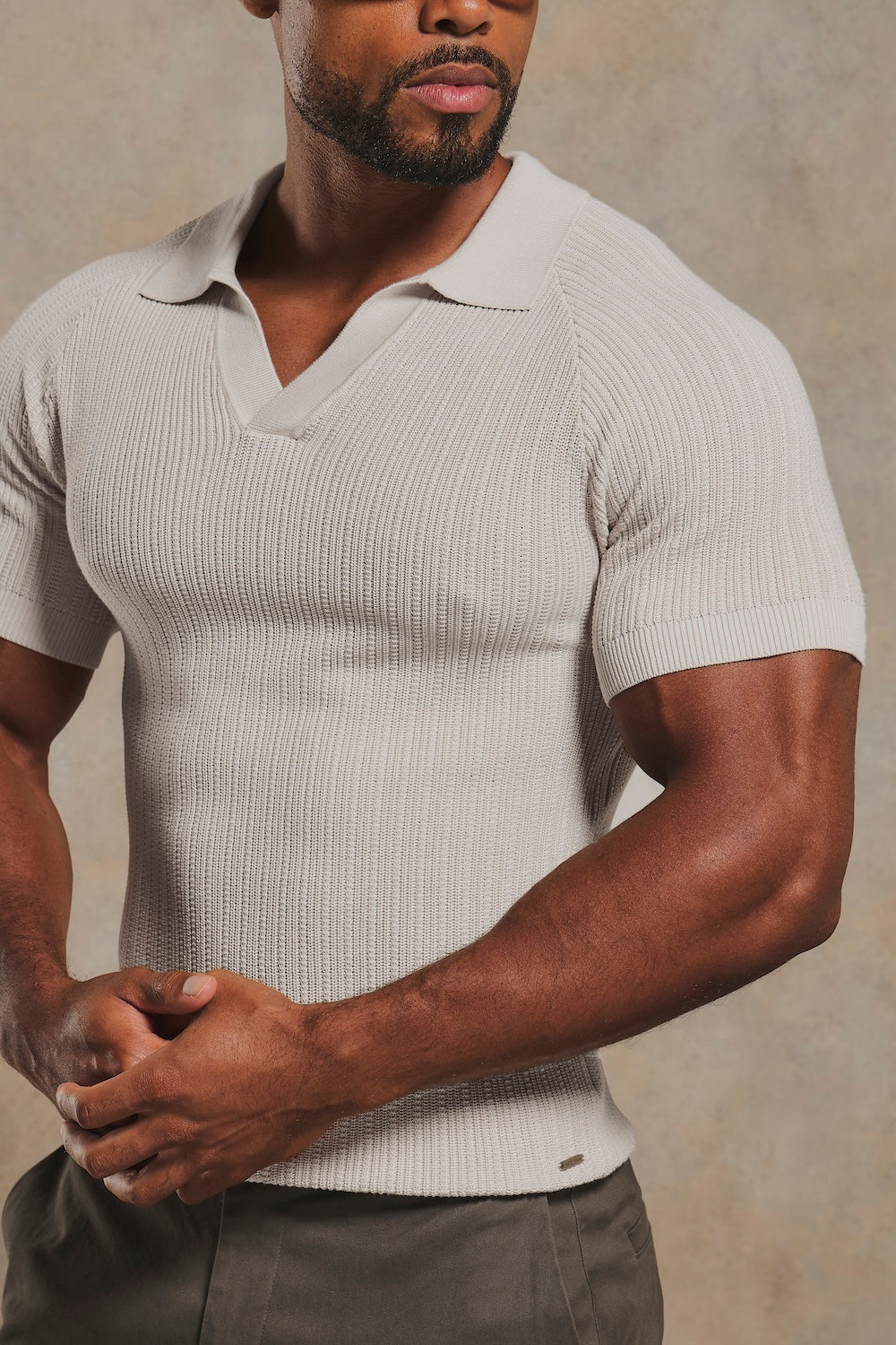Textured Knitted Open Collar Polo Shirt in Alabaster