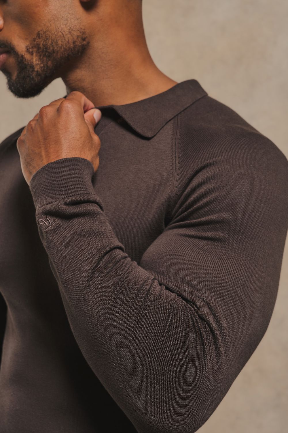 Pure Cotton Knitted Open Collar Polo Shirt in Chocolate