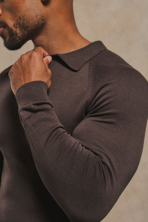 Pure Cotton Knitted Open Collar Polo Shirt in Chocolate