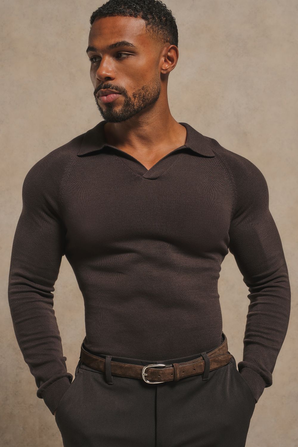 Pure Cotton Knitted Open Collar Polo Shirt in Chocolate