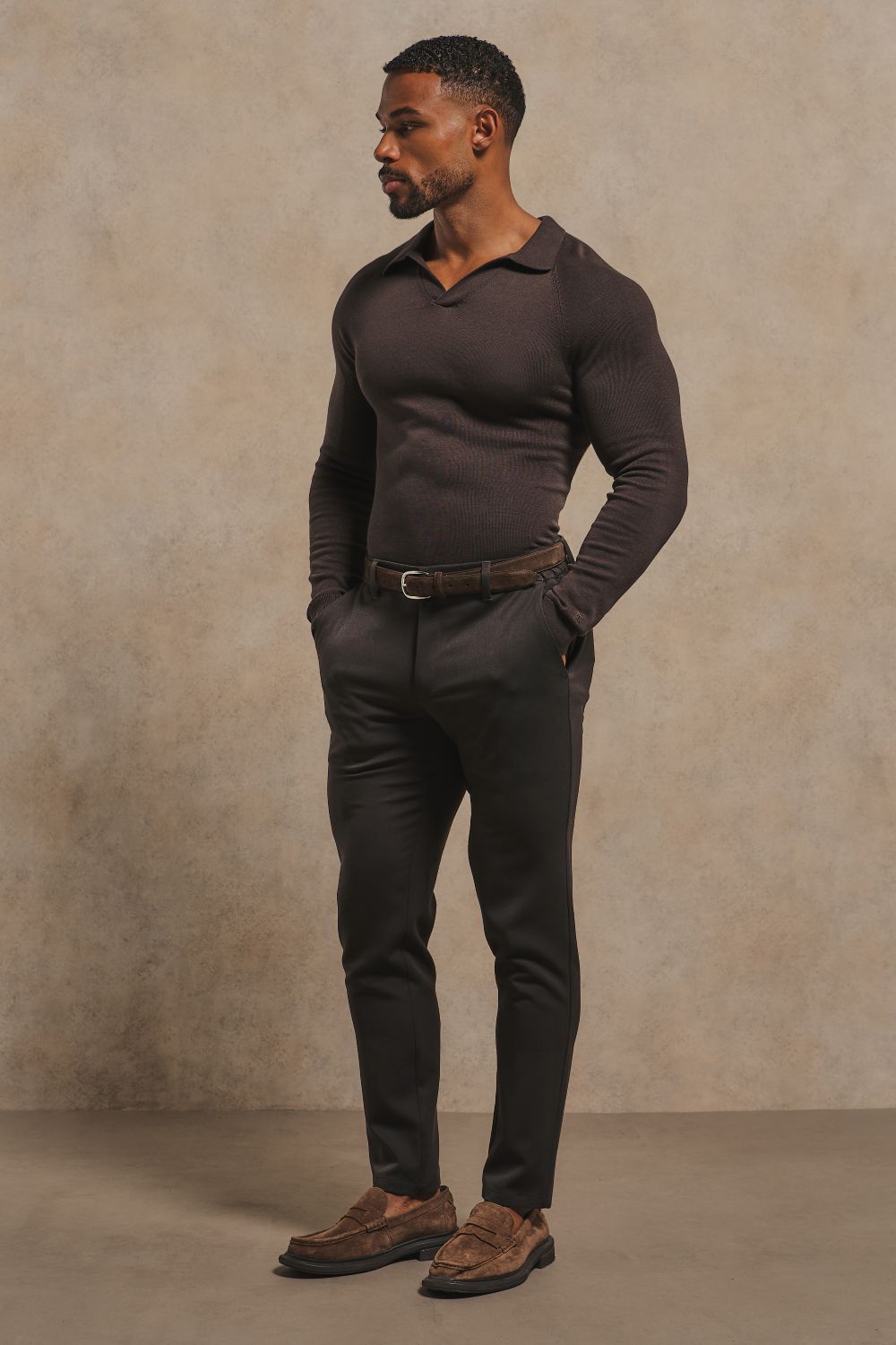 Pure Cotton Knitted Open Collar Polo Shirt in Chocolate
