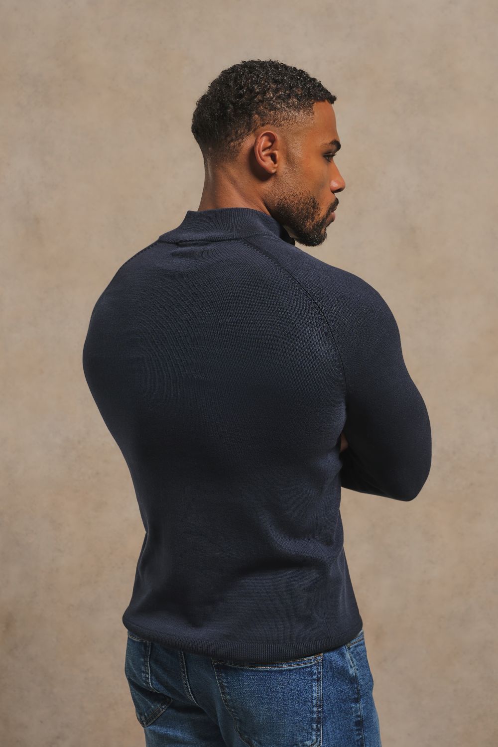 Pure Cotton Knitted Half Zip Neck Jumper in Navy