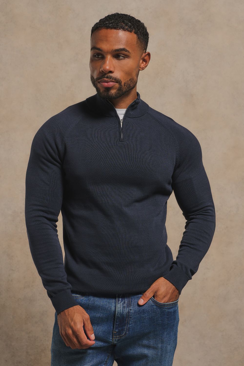 Pure Cotton Knitted Half Zip Neck Jumper in Navy