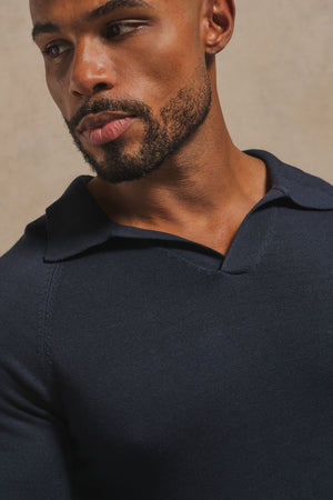 Pure Cotton Knitted Open Collar Polo Shirt in Navy