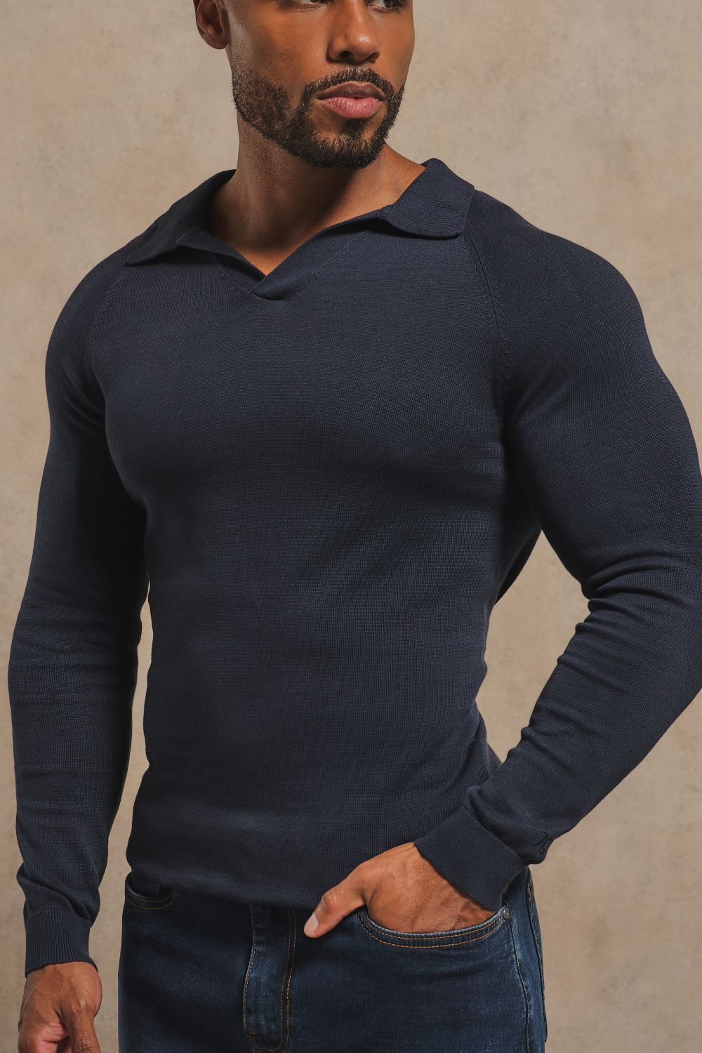 Pure Cotton Knitted Open Collar Polo Shirt in Navy