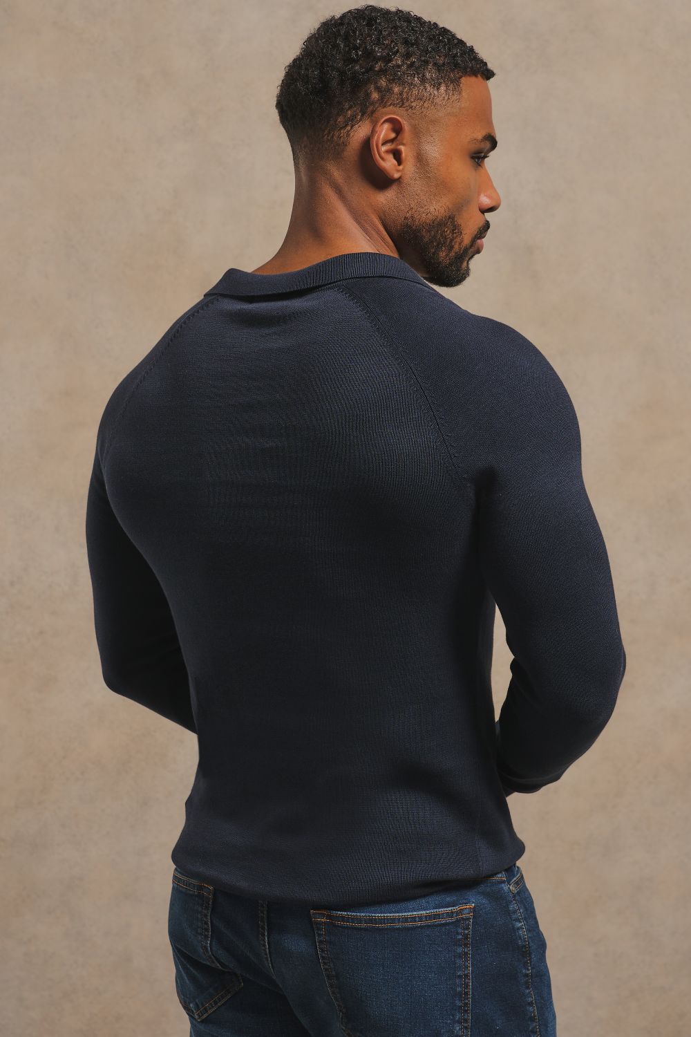Pure Cotton Knitted Open Collar Polo Shirt in Navy