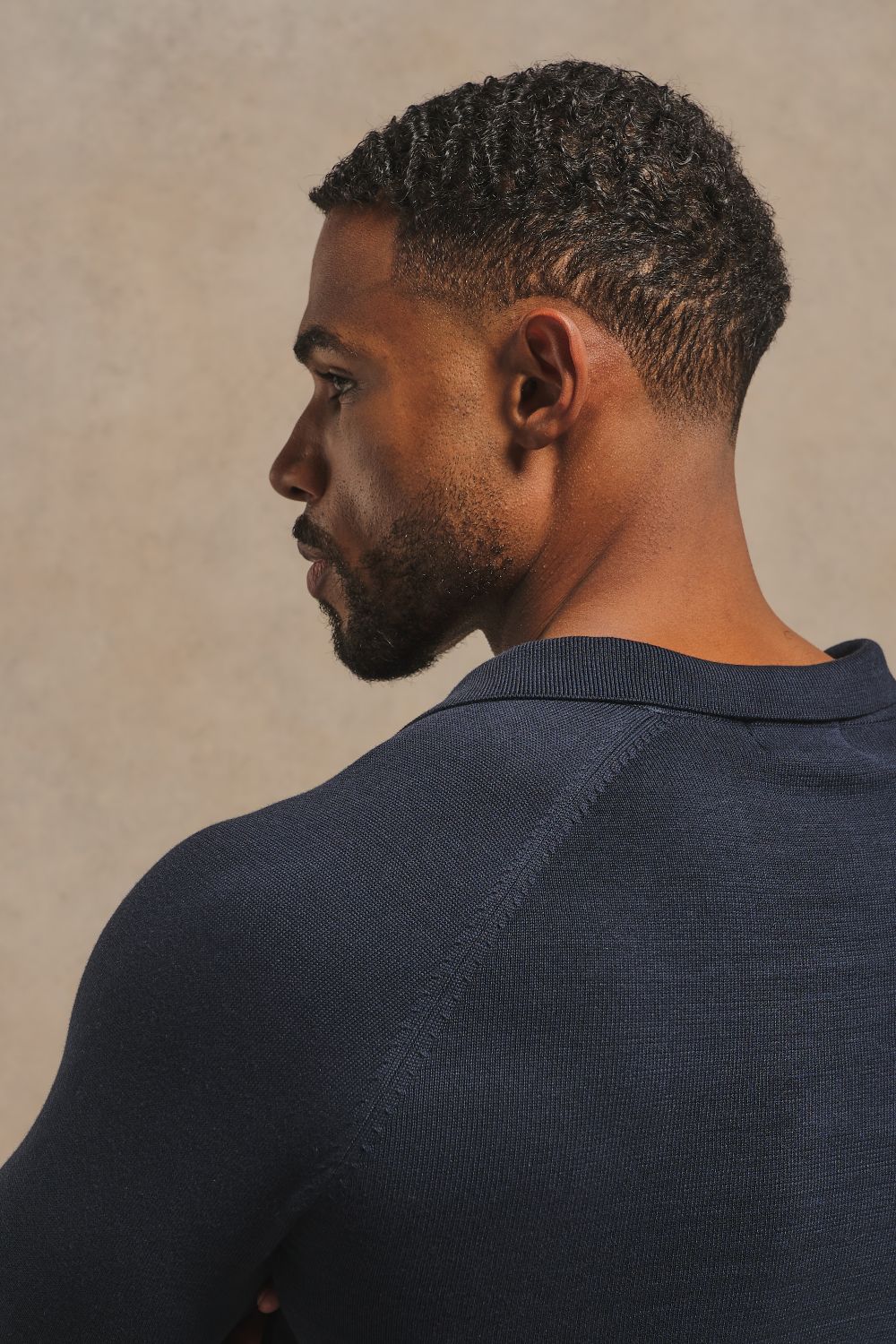 Pure Cotton Knitted Open Collar Polo Shirt in Navy