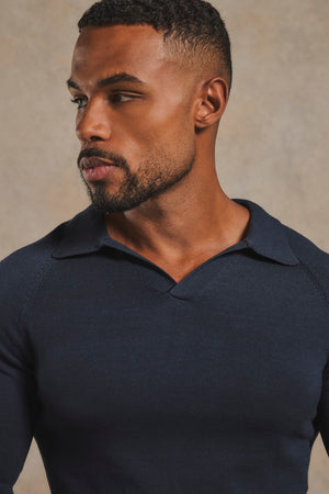 Pure Cotton Knitted Open Collar Polo Shirt in Navy