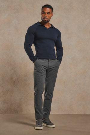 Pure Cotton Knitted Open Collar Polo Shirt in Navy