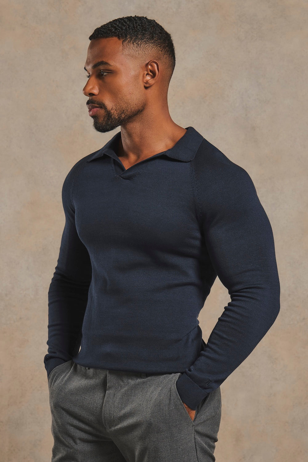 Pure Cotton Knitted Open Collar Polo Shirt in Navy