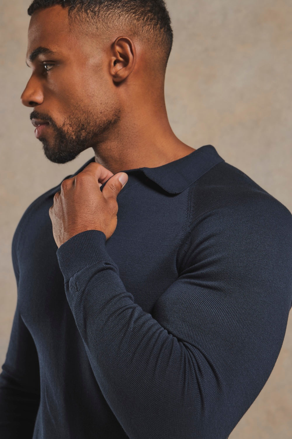 Pure Cotton Knitted Open Collar Polo Shirt in Navy