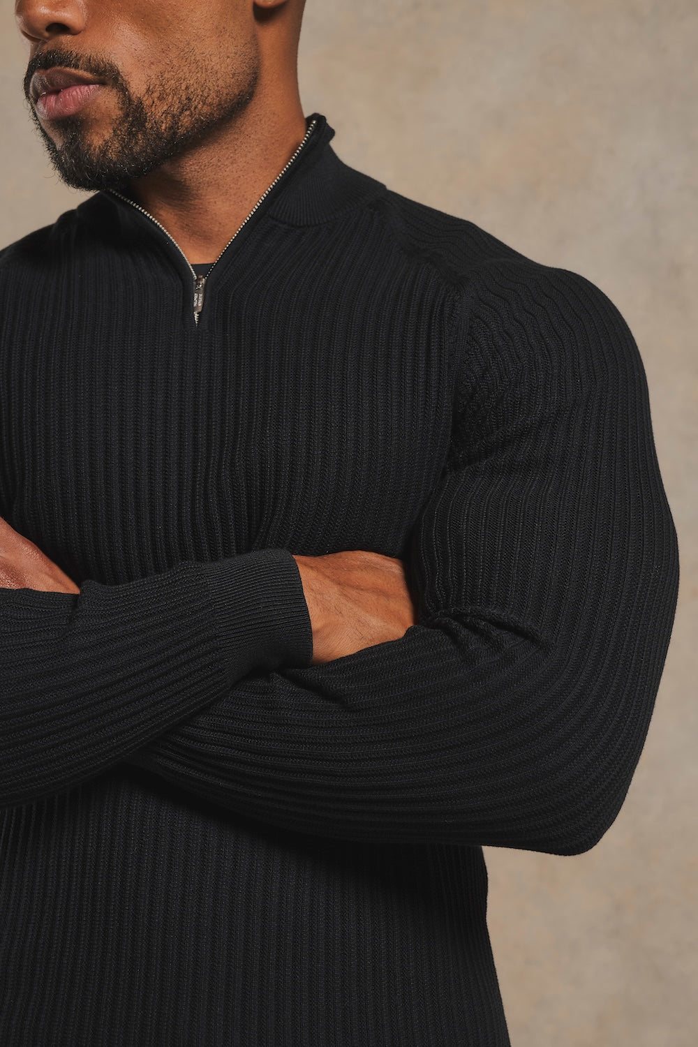 Textured Knitted Half Zip Neck Jumper in Black