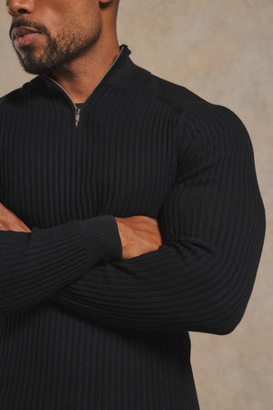 Textured Knitted Half Zip Neck Jumper in Black