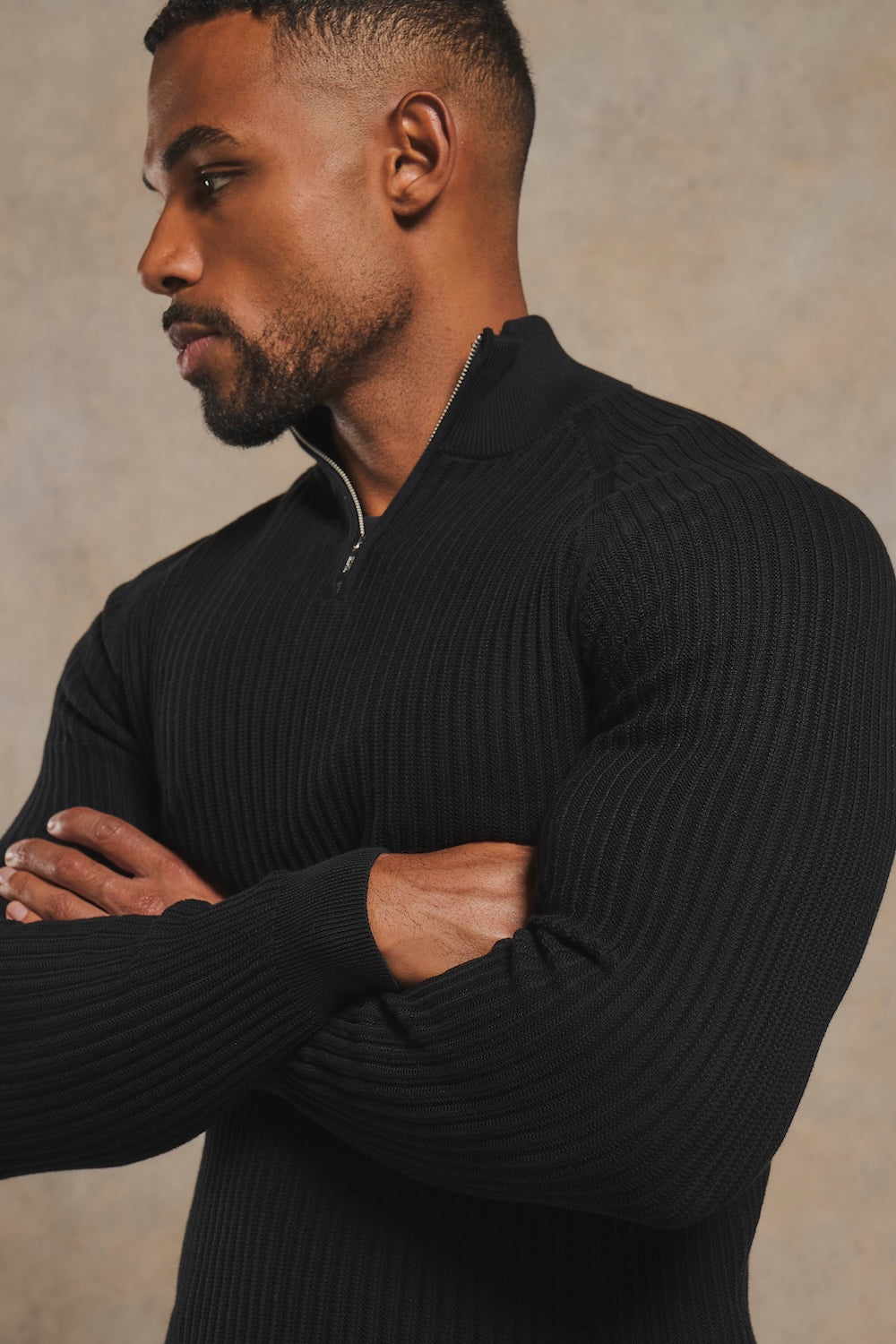 Textured Knitted Half Zip Neck Jumper in Black