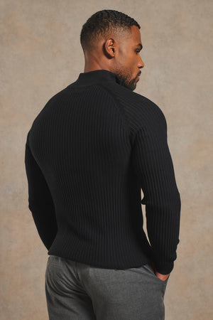 Textured Knitted Half Zip Neck Jumper in Black