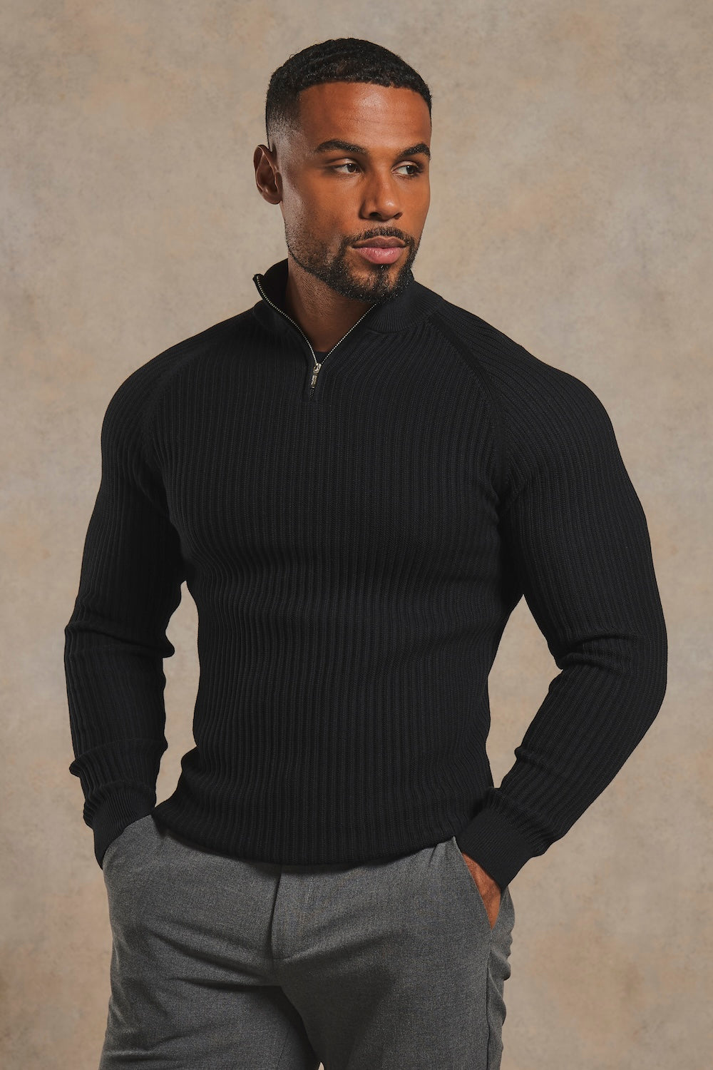 Textured Knitted Half Zip Neck Jumper in Black