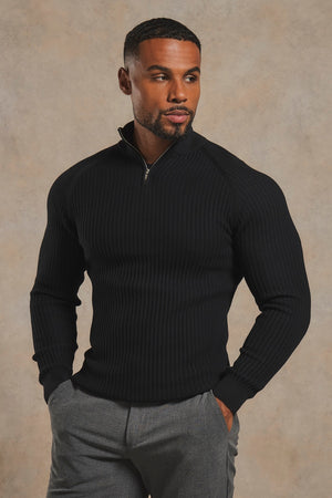 Textured Knitted Half Zip Neck Jumper in Black