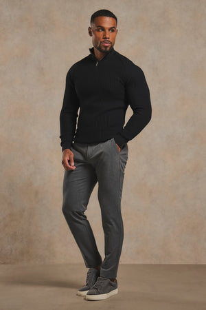 Textured Knitted Half Zip Neck Jumper in Black