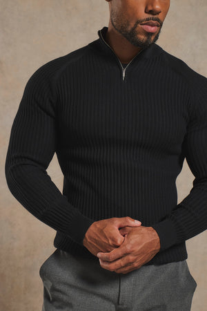 Textured Knitted Half Zip Neck Jumper in Black