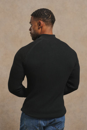 Textured Knitted Half Zip Neck Jumper in Black