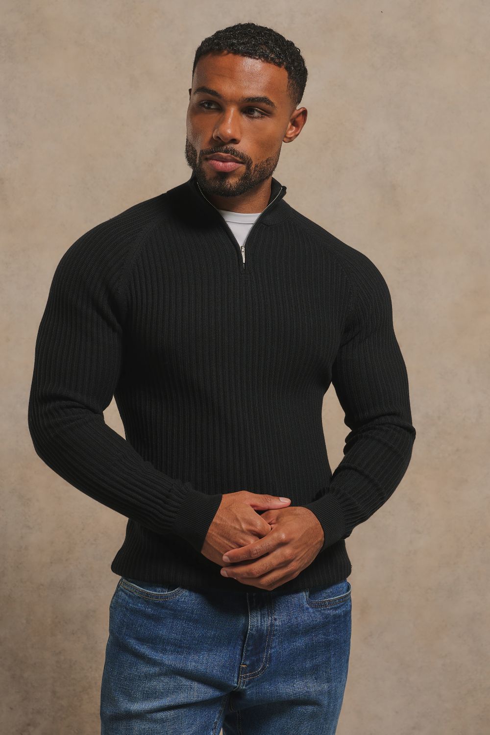 Textured Knitted Half Zip Neck Jumper in Black