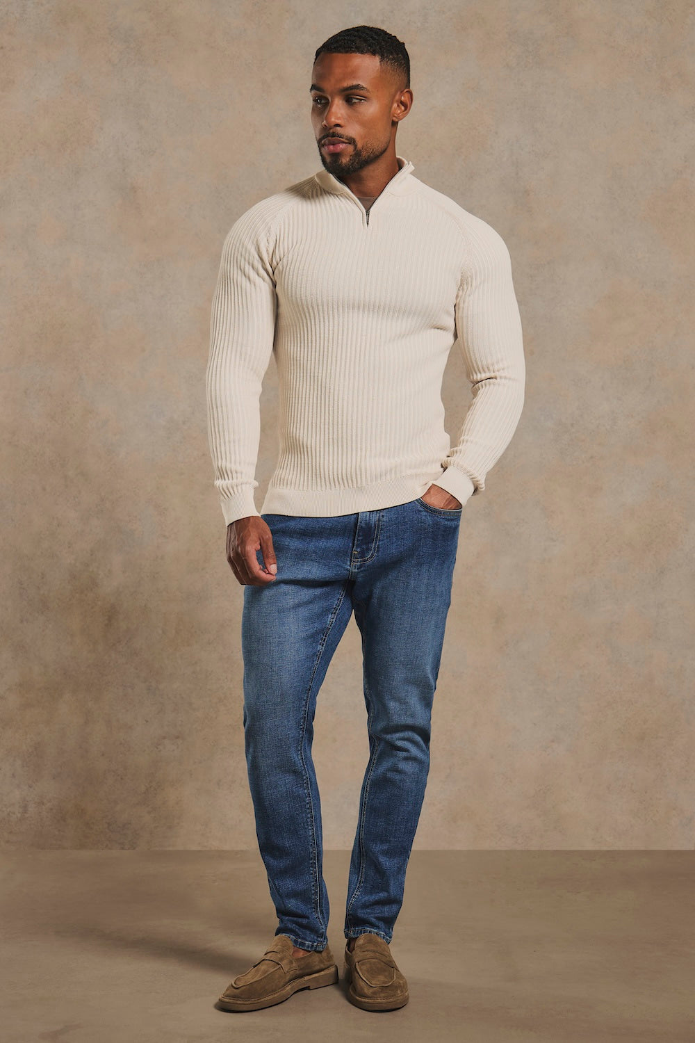 Textured Knitted Half Zip Neck Jumper in Alabaster