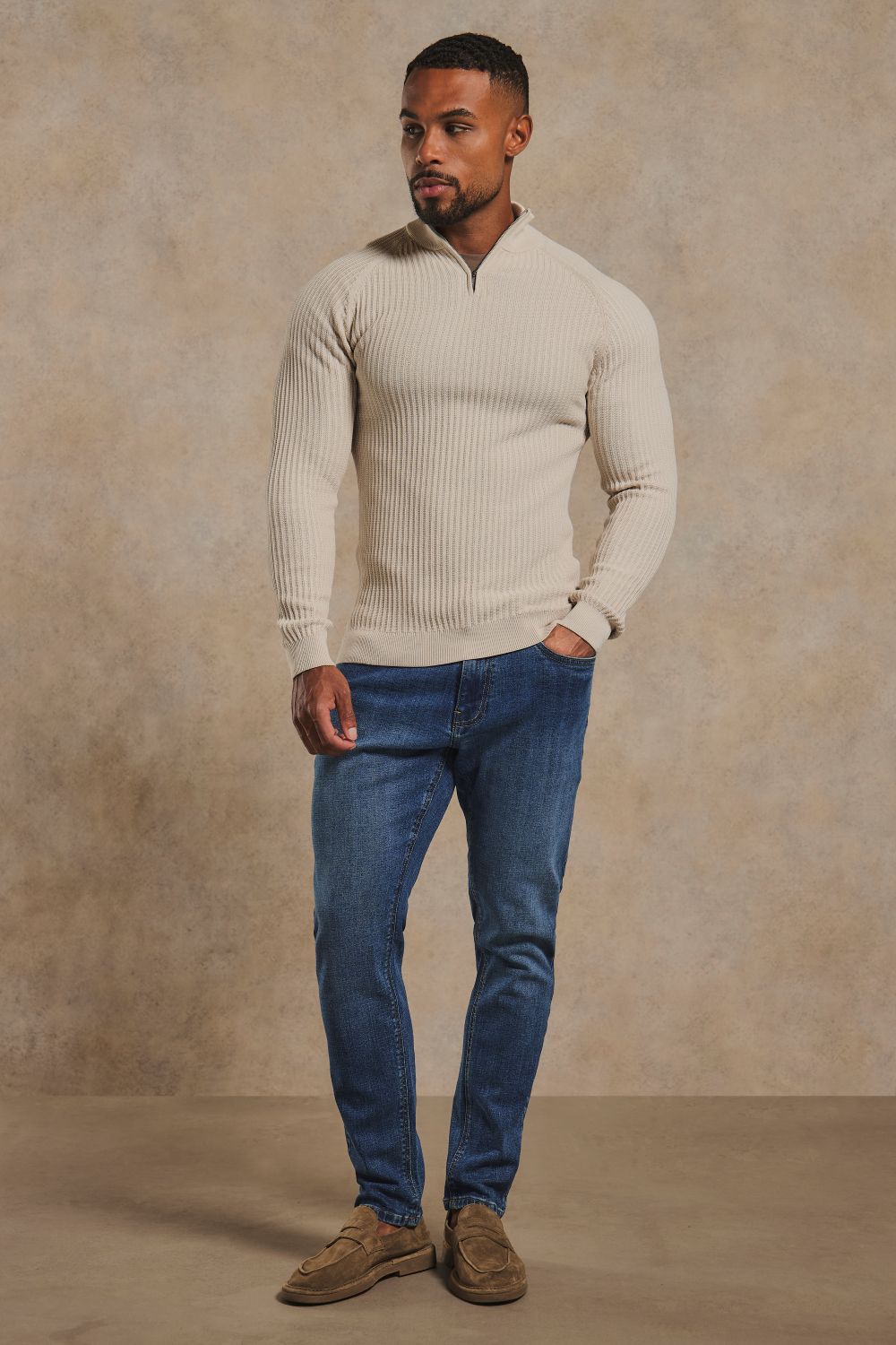 Textured Knitted Half Zip Neck Jumper in Alabaster