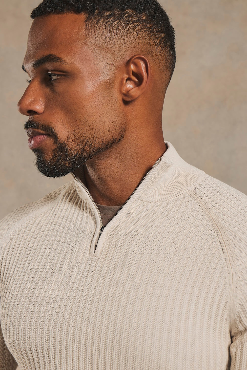 Textured Knitted Half Zip Neck Jumper in Alabaster