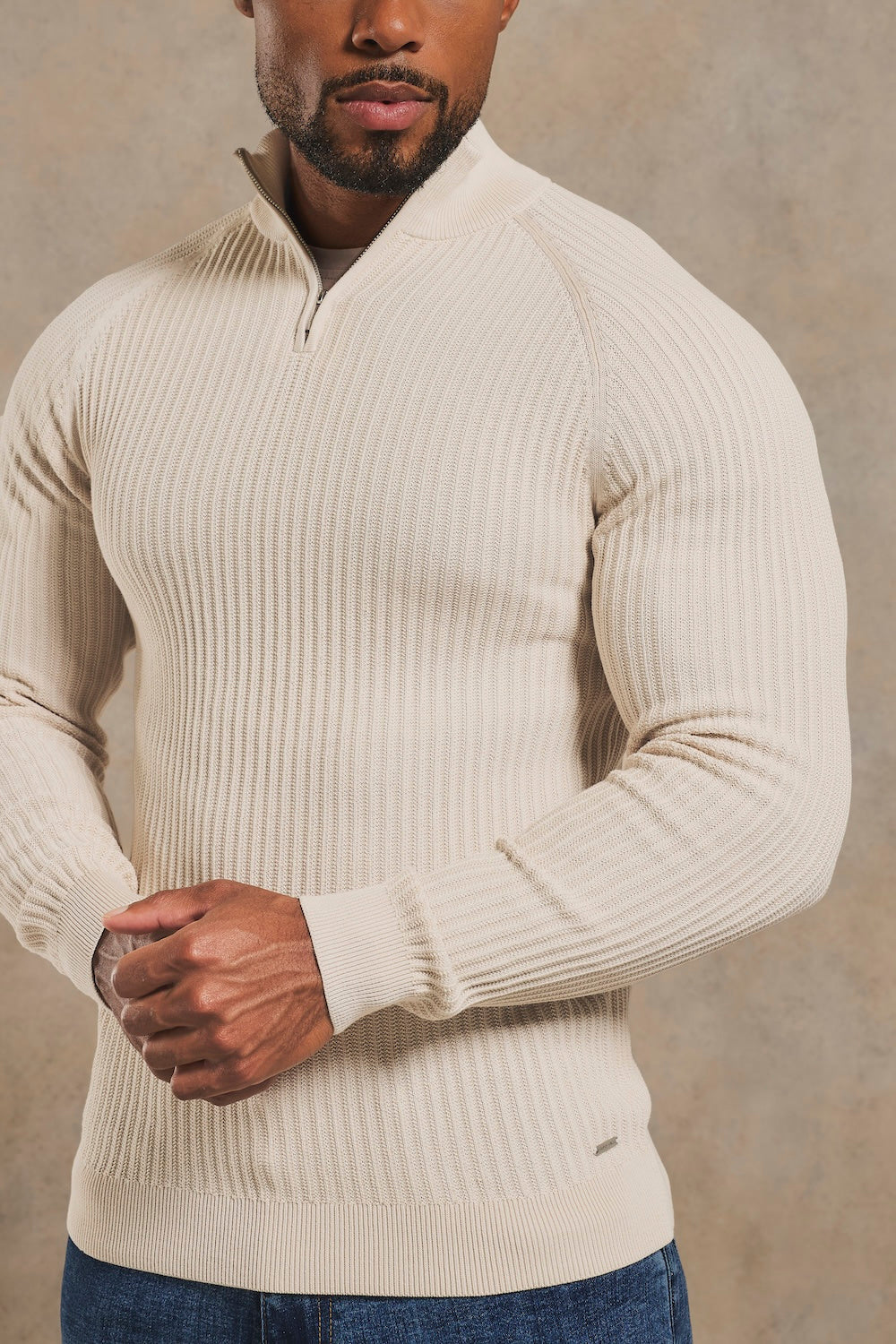 Textured Knitted Half Zip Neck Jumper in Alabaster