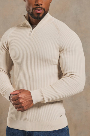 Textured Knitted Half Zip Neck Jumper in Alabaster