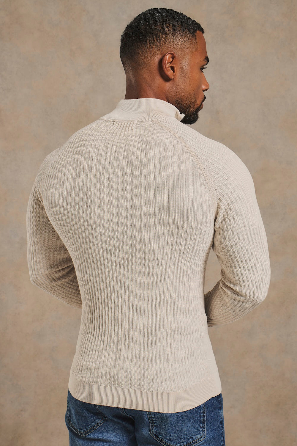 Textured Knitted Half Zip Neck Jumper in Alabaster