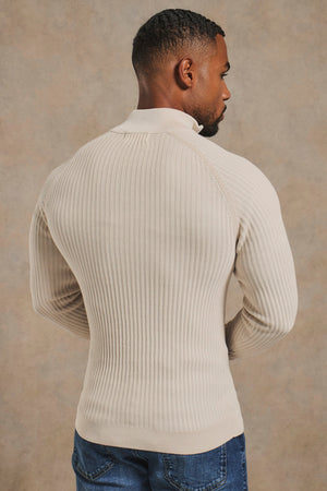Textured Knitted Half Zip Neck Jumper in Alabaster