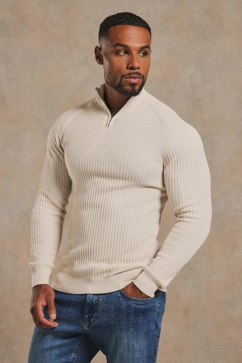 Textured Knitted Half Zip Neck Jumper in Alabaster