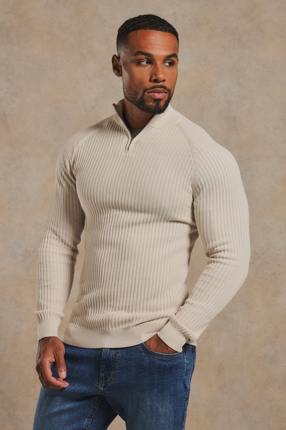 Textured Knitted Half Zip Neck Jumper in Alabaster