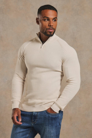 Textured Knitted Half Zip Neck Jumper in Alabaster