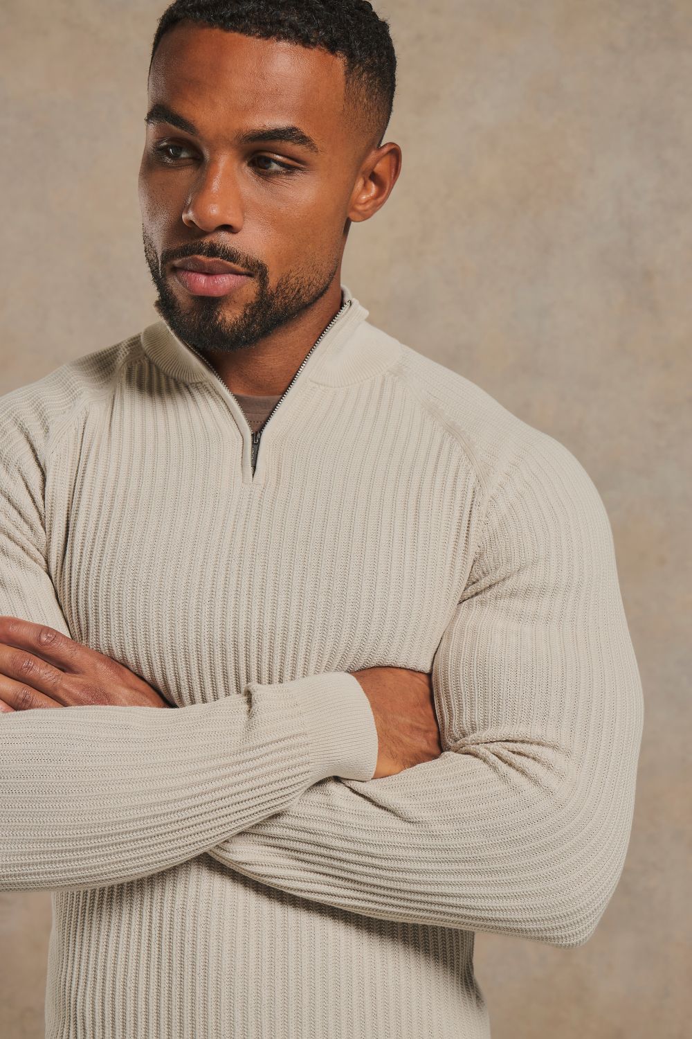 Textured Knitted Half Zip Neck Jumper in Alabaster
