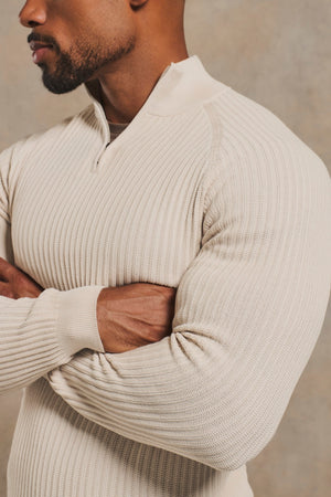 Textured Knitted Half Zip Neck Jumper in Alabaster