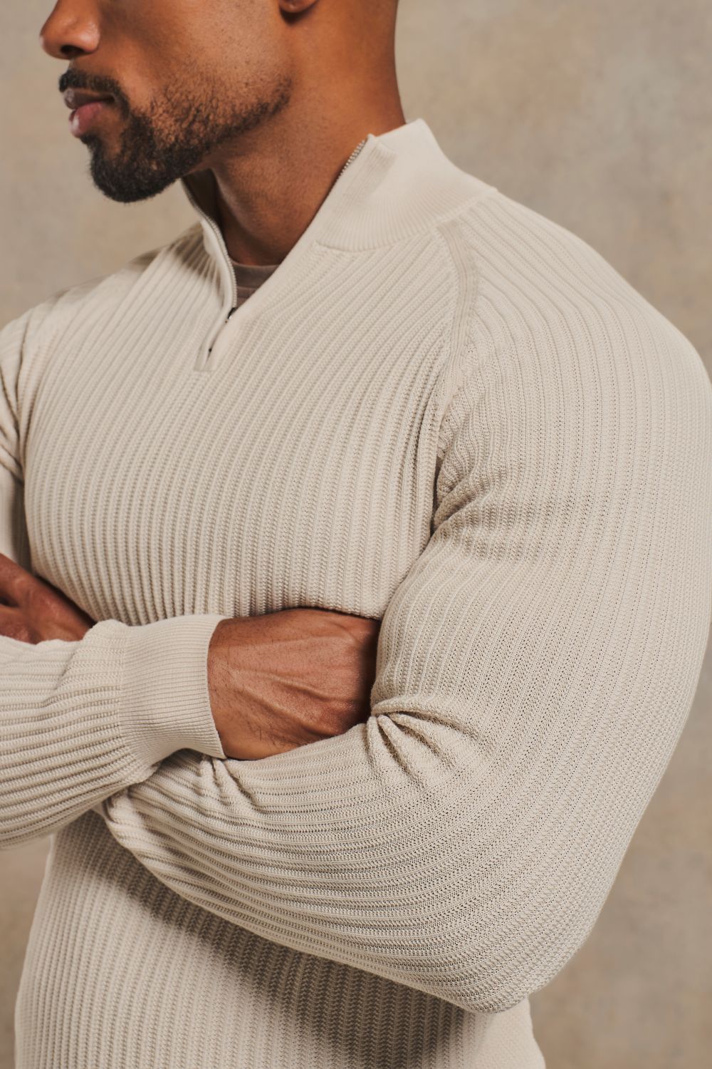 Textured Knitted Half Zip Neck Jumper in Alabaster