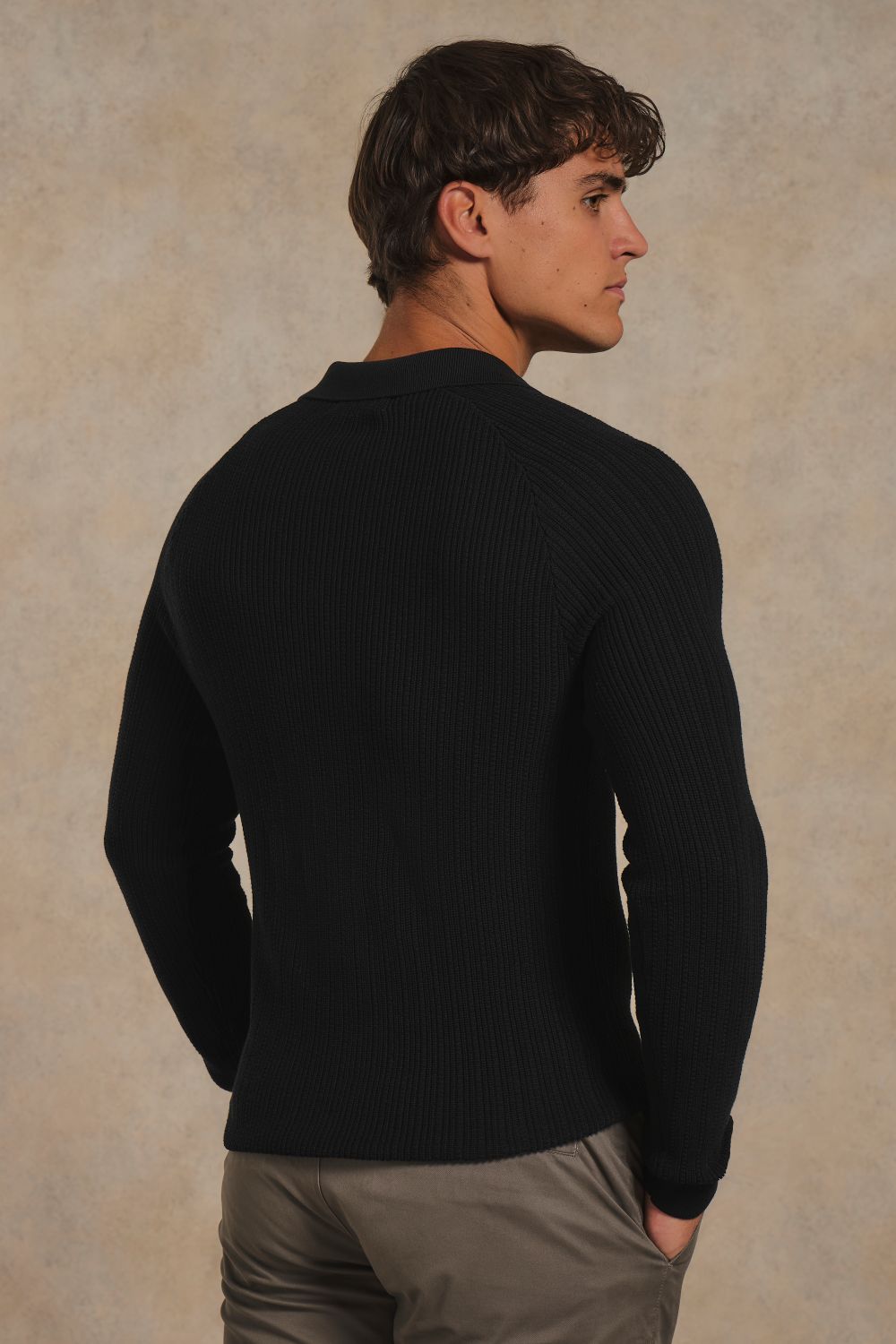 Textured Knitted Open Collar Polo Shirt in Black