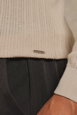 Textured Knitted Open Collar Polo Shirt in Alabaster