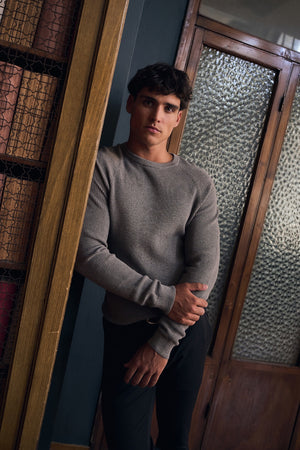 Pure Cotton Knitted Textured Crew Neck Jumper in Brown Marl