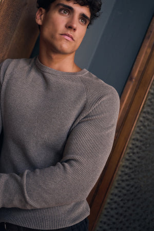 Pure Cotton Knitted Textured Crew Neck Jumper in Brown Marl