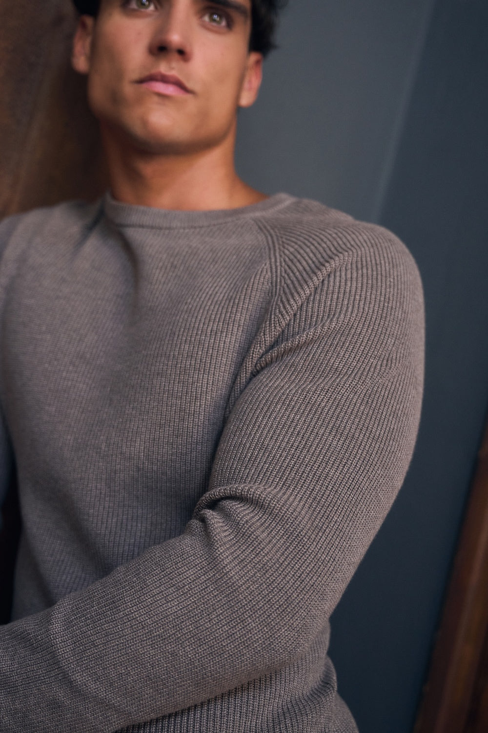 Pure Cotton Knitted Textured Crew Neck Jumper in Brown Marl