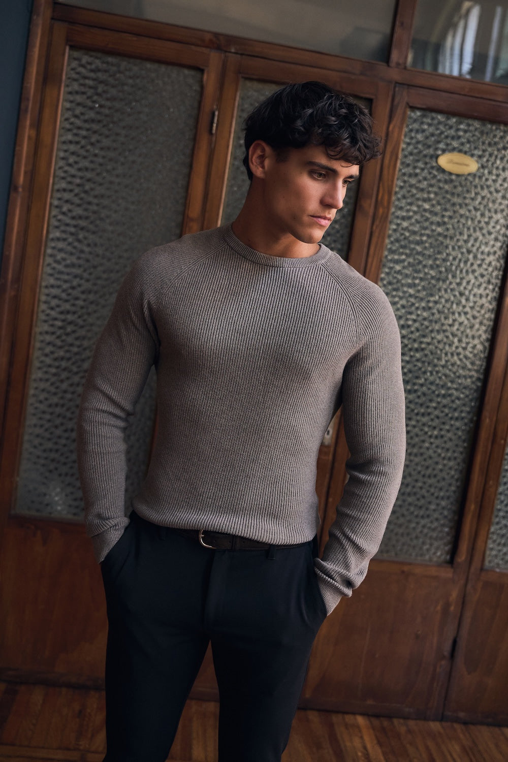 Pure Cotton Knitted Textured Crew Neck Jumper in Brown Marl