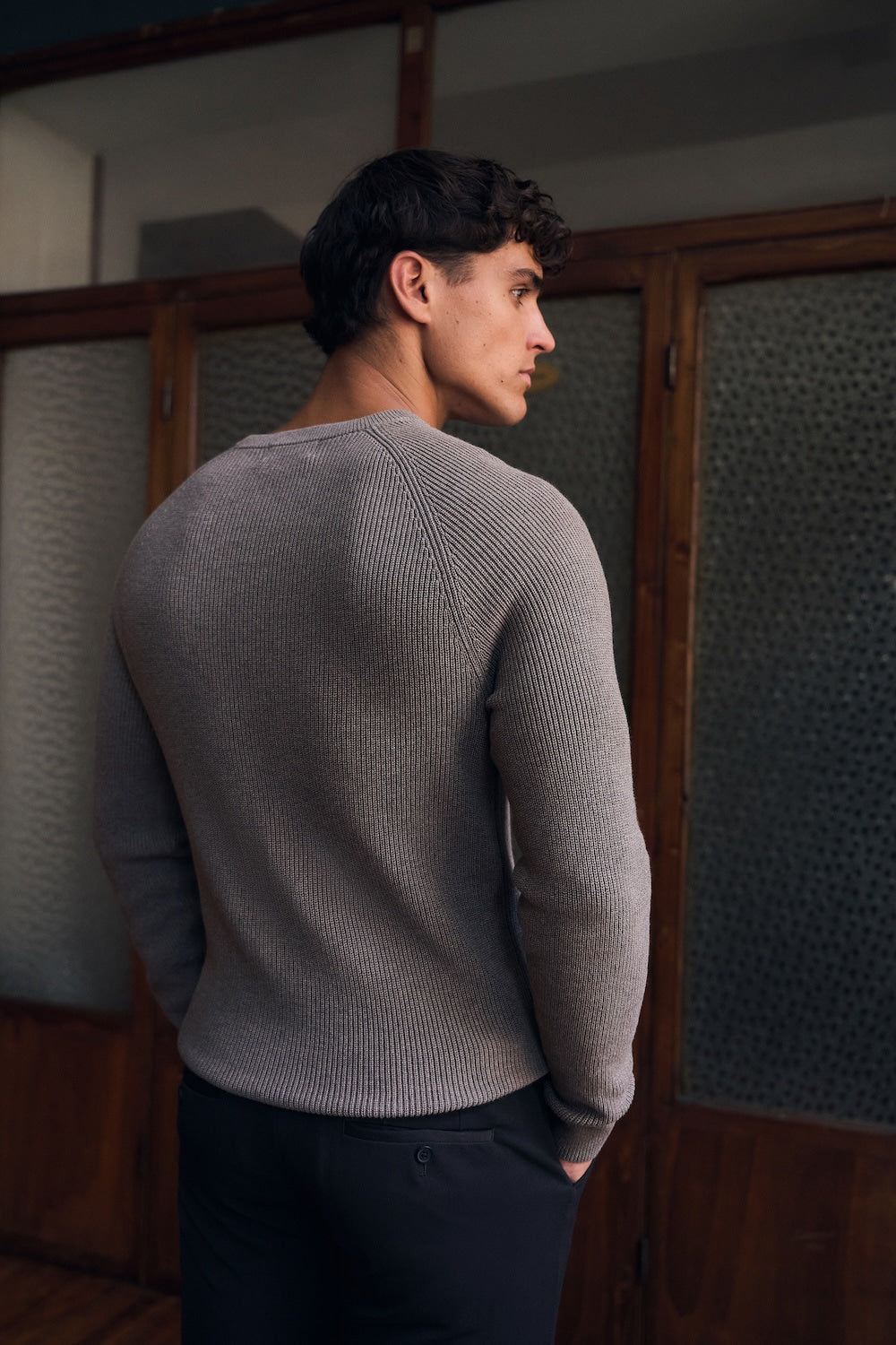 Pure Cotton Knitted Textured Crew Neck Jumper in Brown Marl