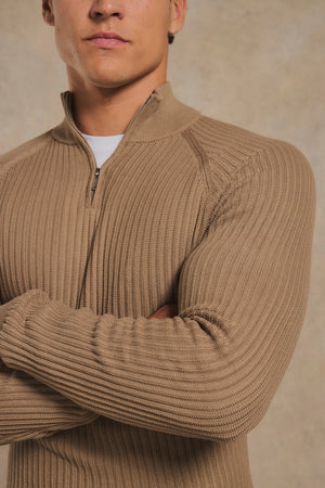 Textured Knitted Half Zip Neck Jumper in Camel