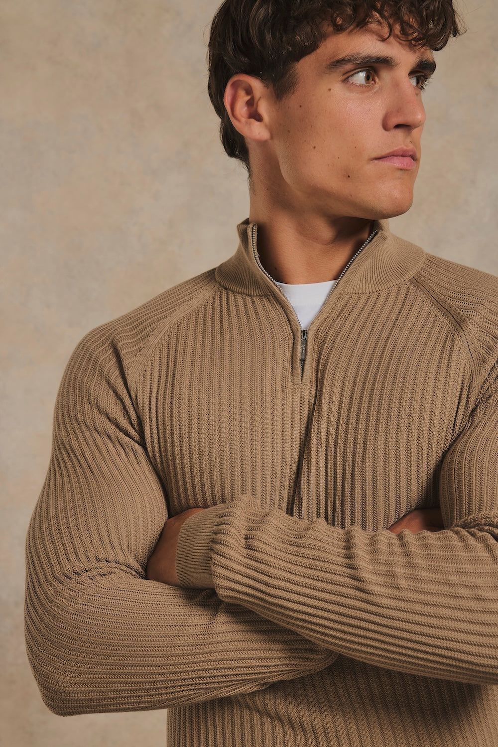 Textured Knitted Half Zip Neck Jumper in Camel