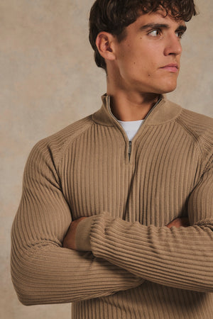 Textured Knitted Half Zip Neck Jumper in Camel