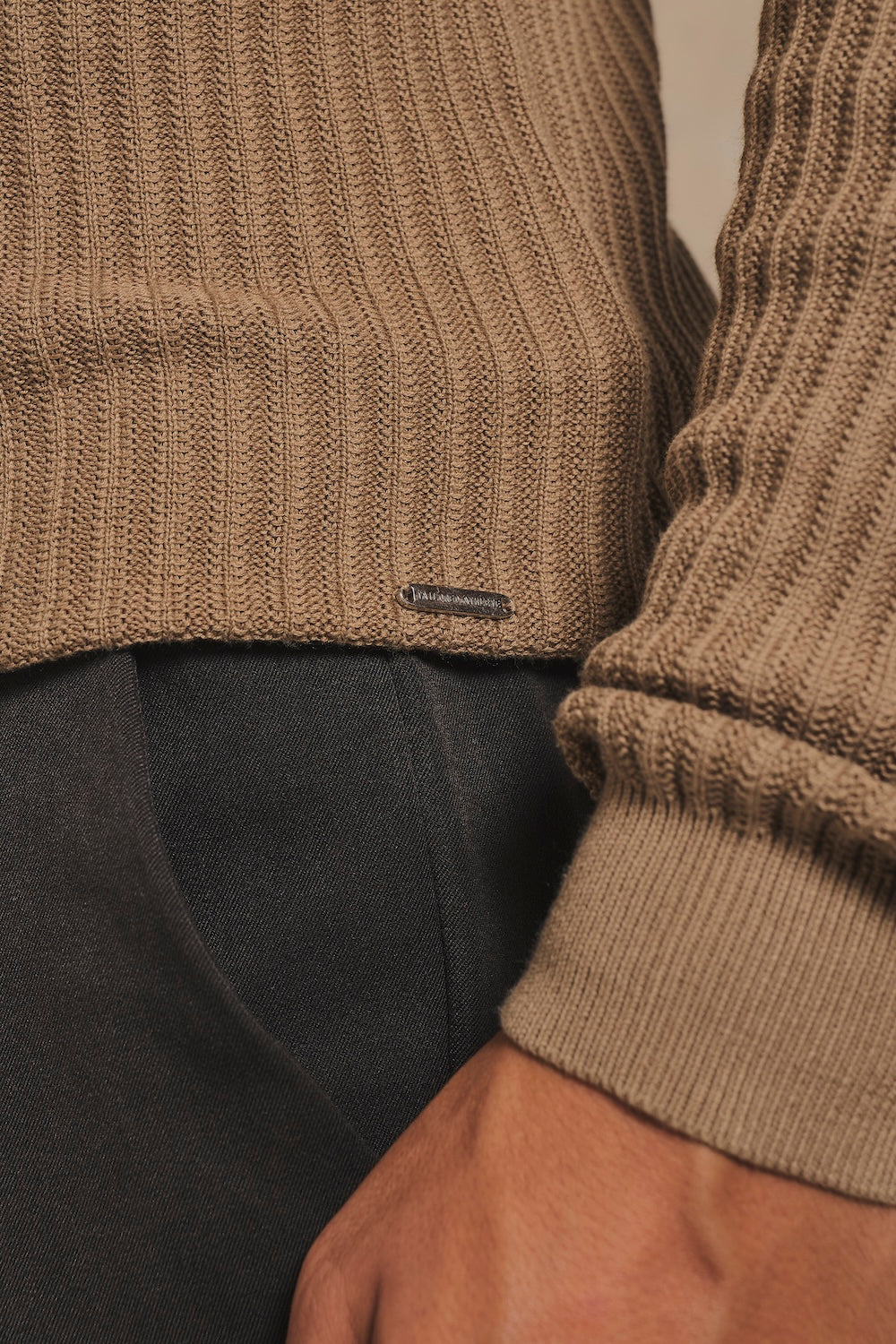 Textured Knitted Half Zip Neck Jumper in Camel