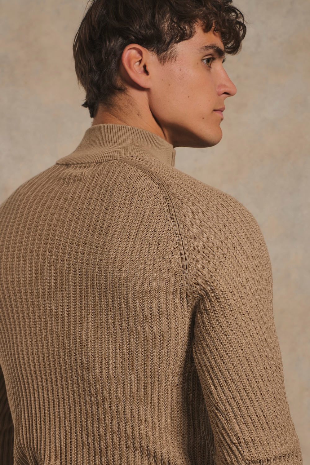Textured Knitted Half Zip Neck Jumper in Camel